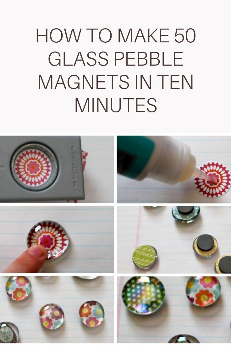 Six step by step photos of how to make DIY glass pebble magnets.