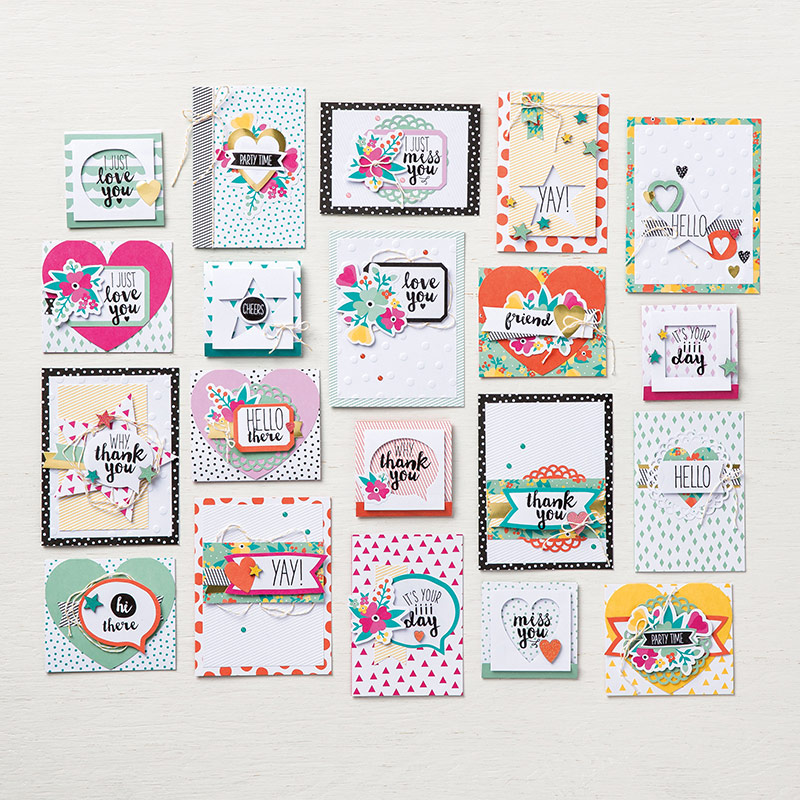 Oh Happy Day Card kit includes everything you need to make 20+ handmade cards, precut, with embellishments. Stamp with the ink and stamps included and give them away to those special people in your life. Learn more at StampinFool.com