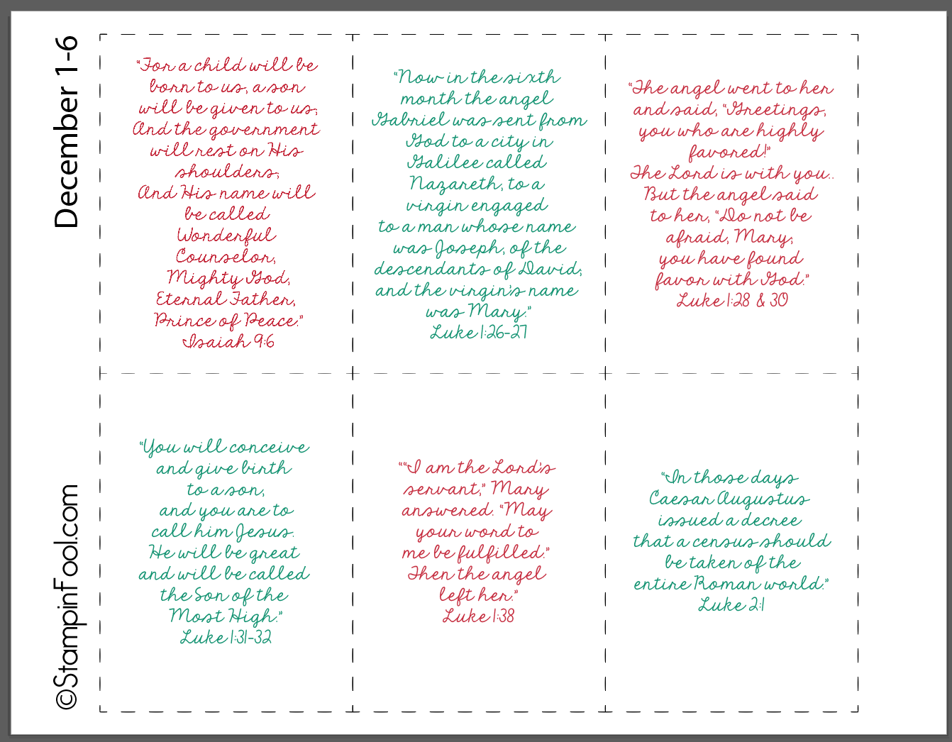 DIY Advent Calendar Printable Scripture cards in red and green print to read daily with your kids in December. 