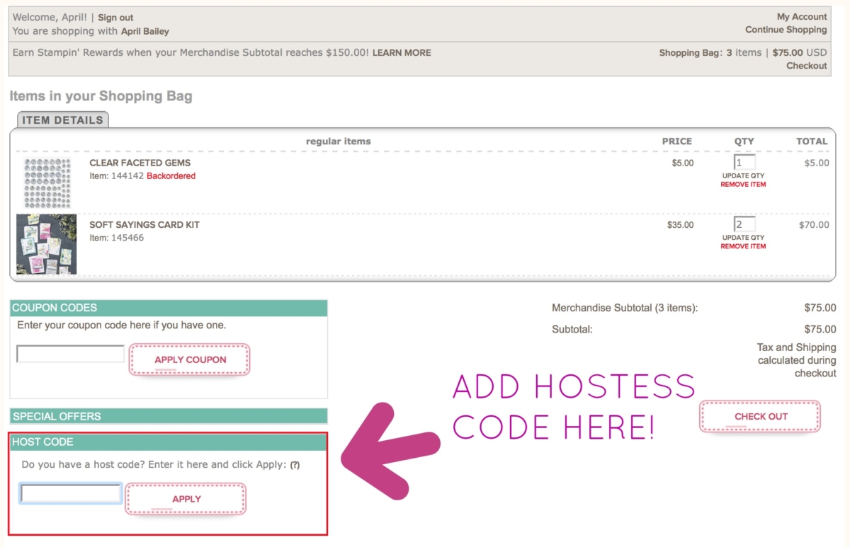 How to use the Stampin Up Hostess Code