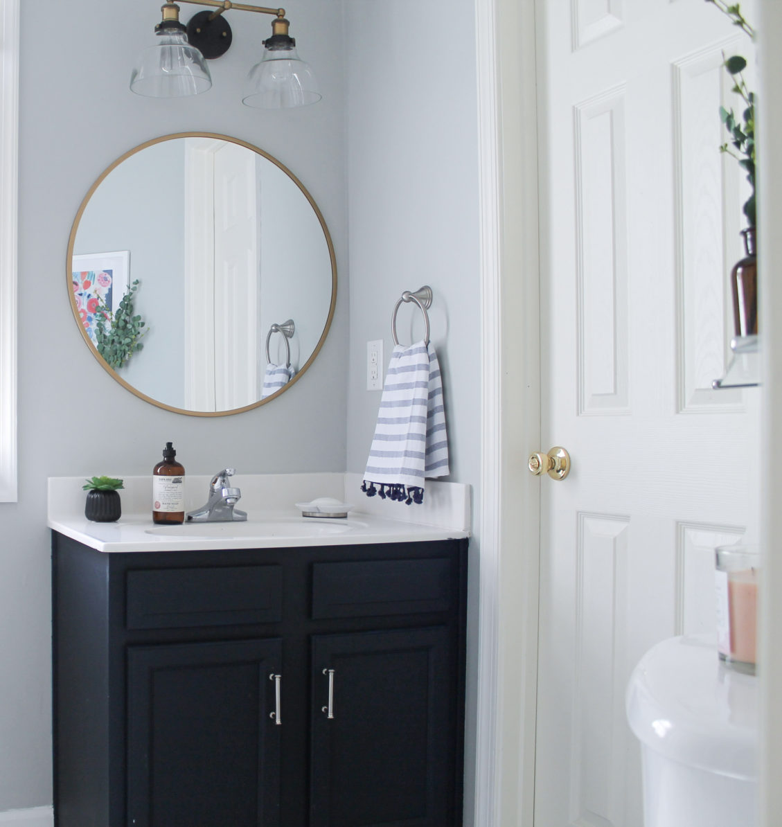 bathrooms with navy cabinets