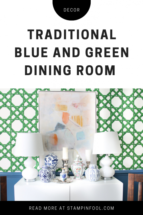 Traditional Blue and Green Dining Room with sources and DIY tips for wallpapering from StampinFool.com