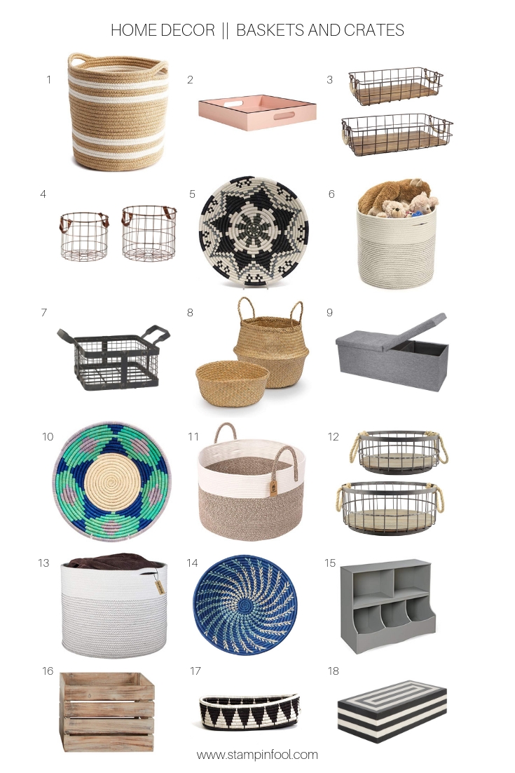 Roundup of Baskets and Crates for home decor for the modern farmhouse or traditional home. See the best wire baskets, woven baskets, and Uganda baskets. 