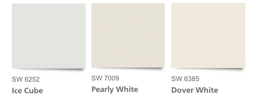 Understanding undertones in white paint colors with this example of Ice Cube, Pearly White and Dover.