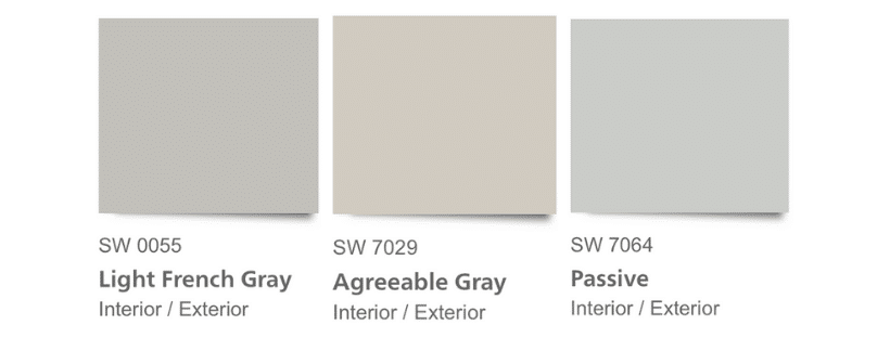 SW Light French Gray is cooler and cleaner (purer) than SW Agreeable Gray in the graphic comparison of gray paint colors.