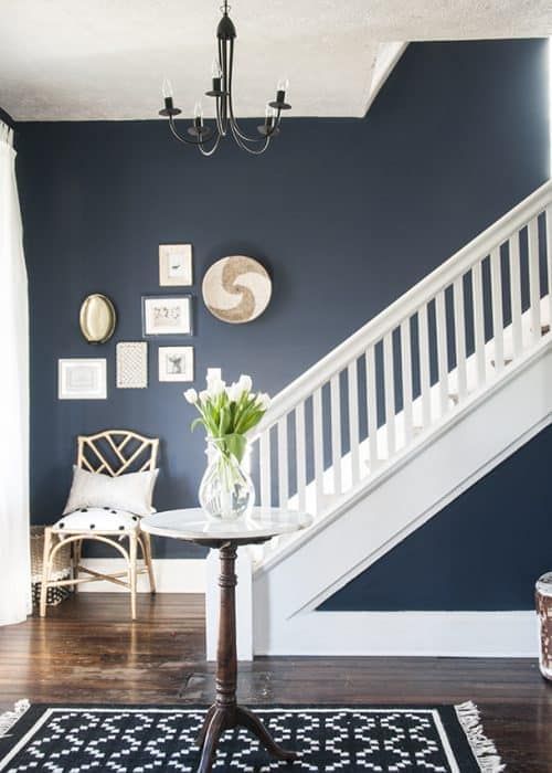 Sherwin Williams Blue Paint Color Naval stairwell with white railings and dark floors