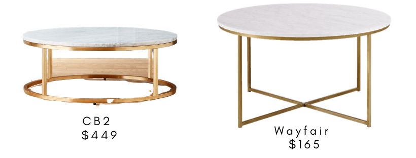 Splurge v Steal Coffee Tables: Find a great Pottery Barn Lorraine or Serena and Lily coffee table dupe in this post of splurge coffee tables.
Marble top gold coffee table dupe