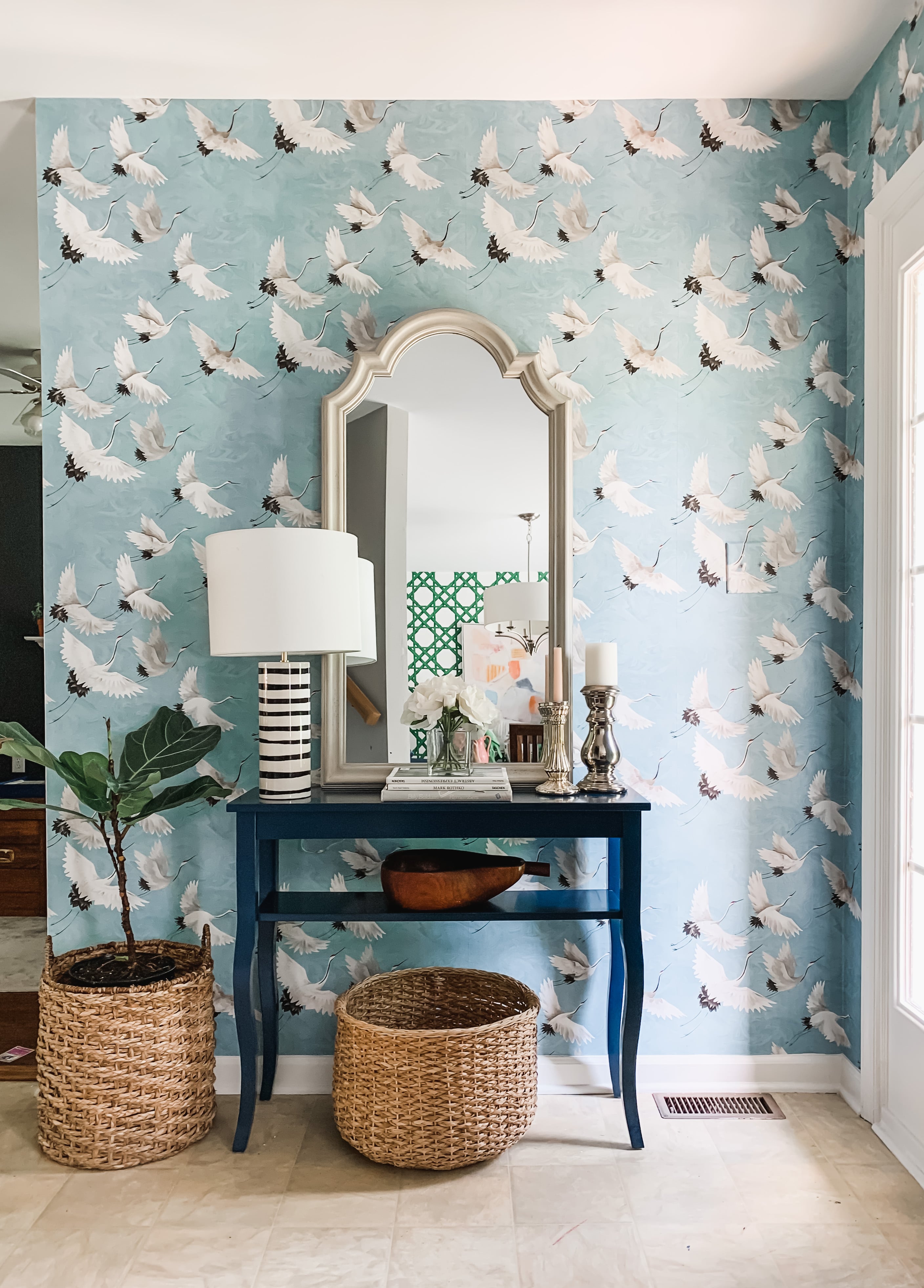 Foyer Design With Wallpaper And Wall Mounted Storage  Livspace