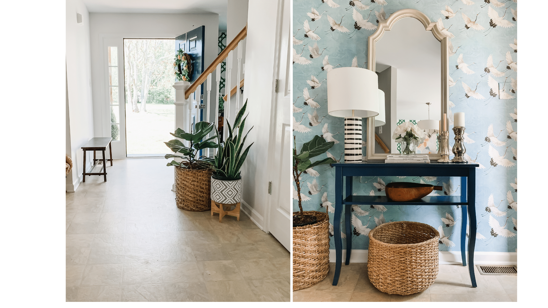 Bold, blue crane wallpapered entryway design with Sherwin Williams Stream painted door