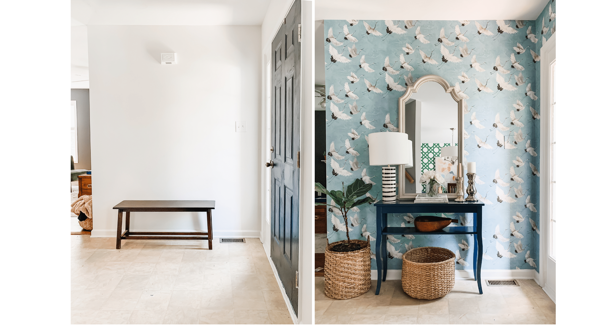 Bold, blue crane wallpapered entryway design