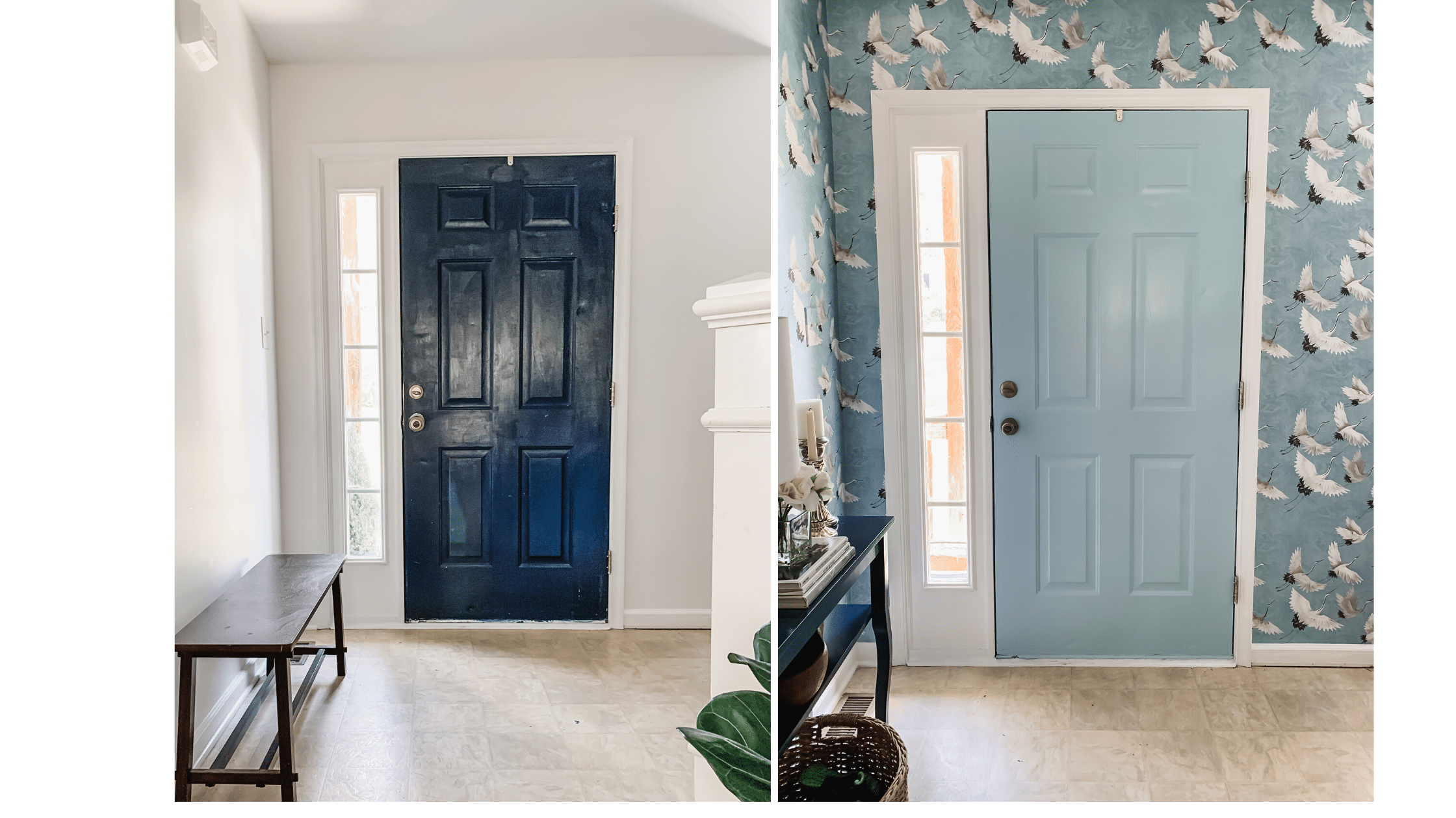 Bold, blue crane wallpapered entryway design with Sherwin Williams Stream painted door