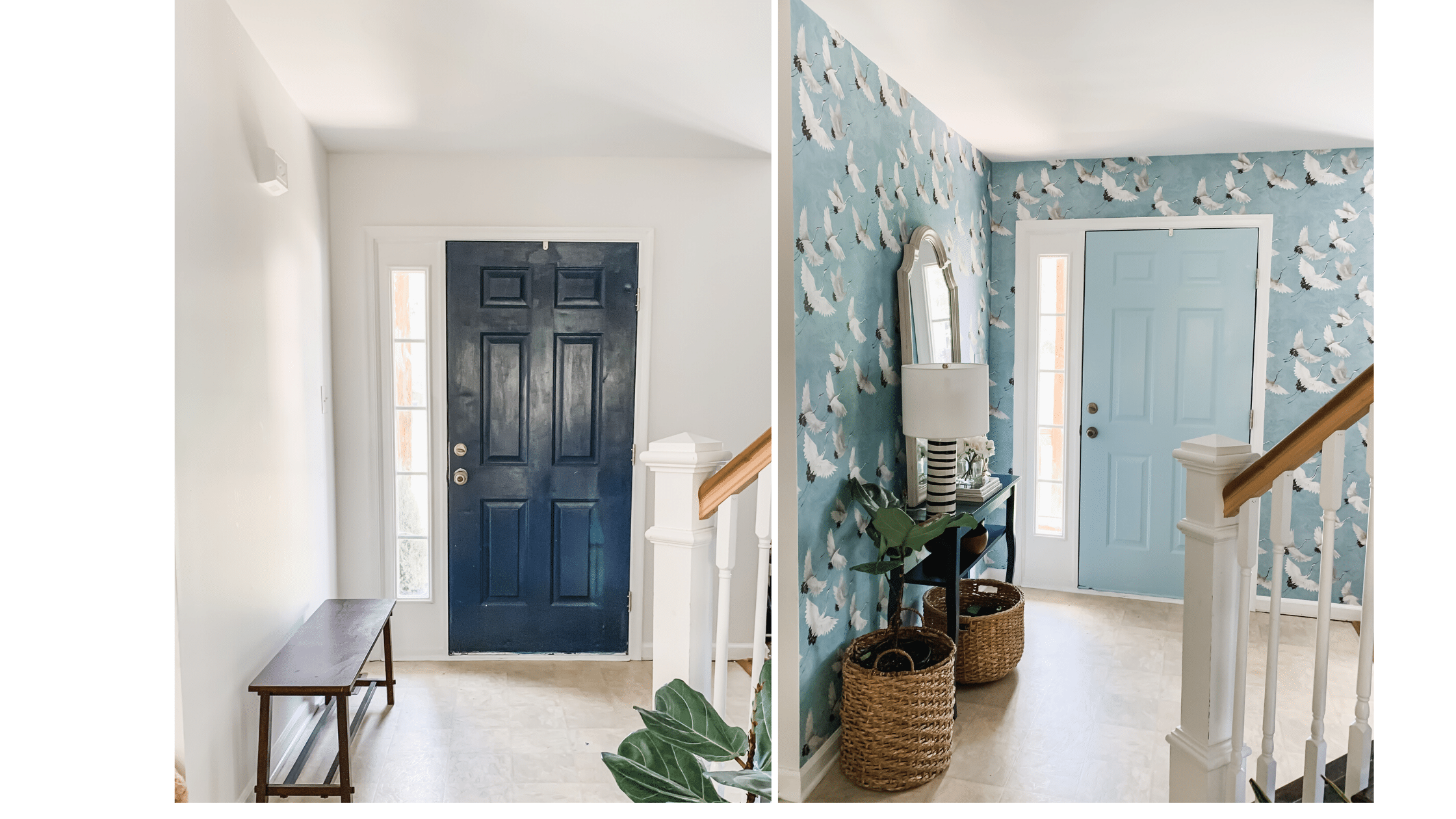 Bold, blue crane wallpapered entryway design with Sherwin Williams Stream painted door