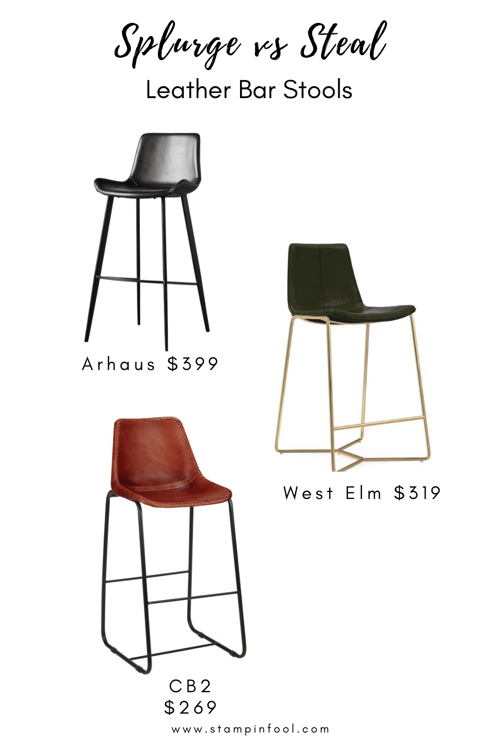 Splurge vs Steal : Leather Bar Stools. Use this guide to budget-friendly leather bar and counter stools for your kitchen island. Pick the color and leg finish that fits your style.