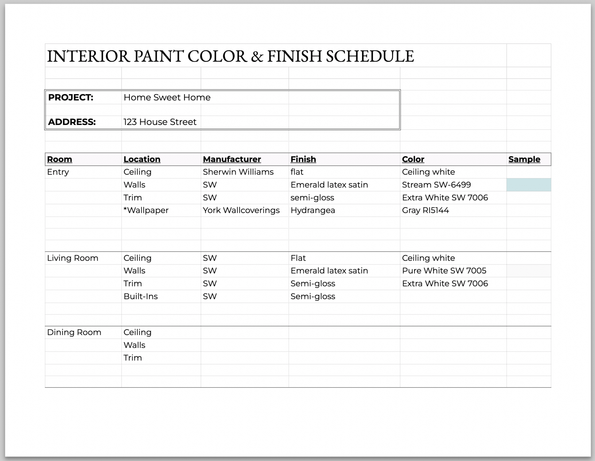 Home paint color planner printable