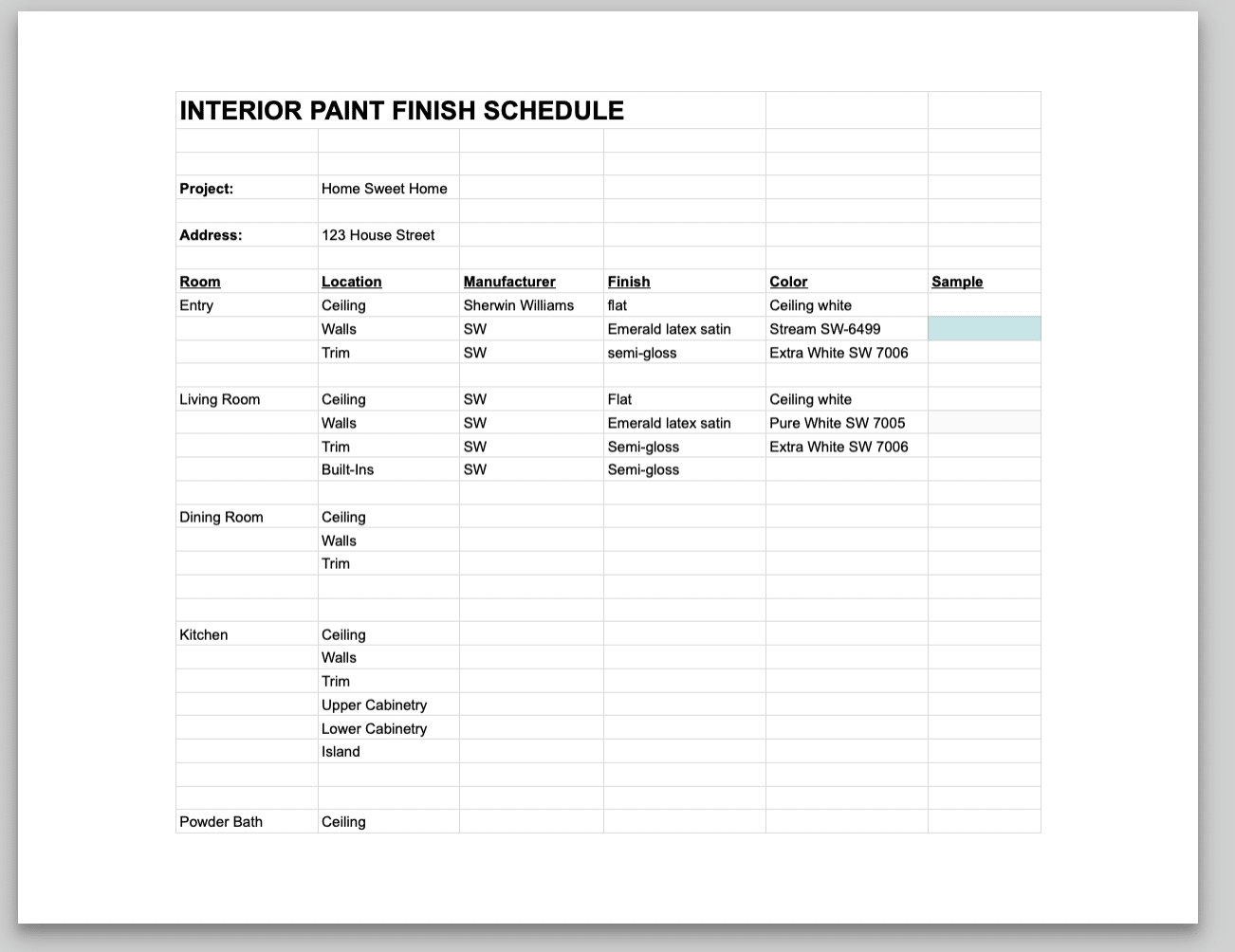 Interior Finish Schedule Excel Template