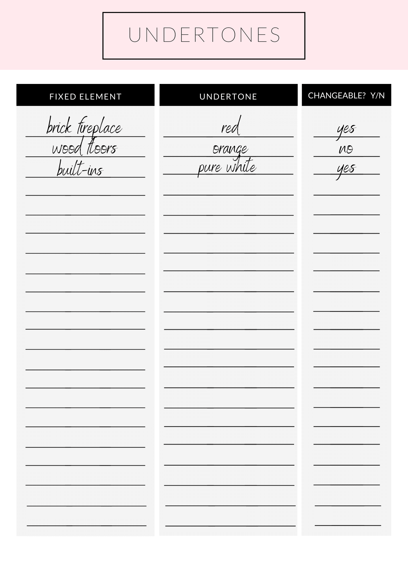 Undertone worksheet for understanding the undertones already in your home like on a brick fireplace, wood floors and builtins.