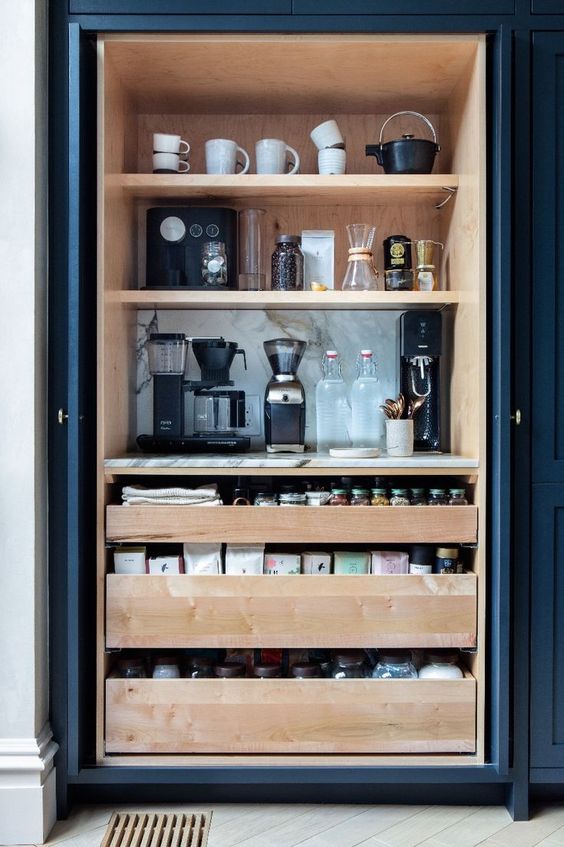 Blue Built In Home Coffee Station in Kitchen