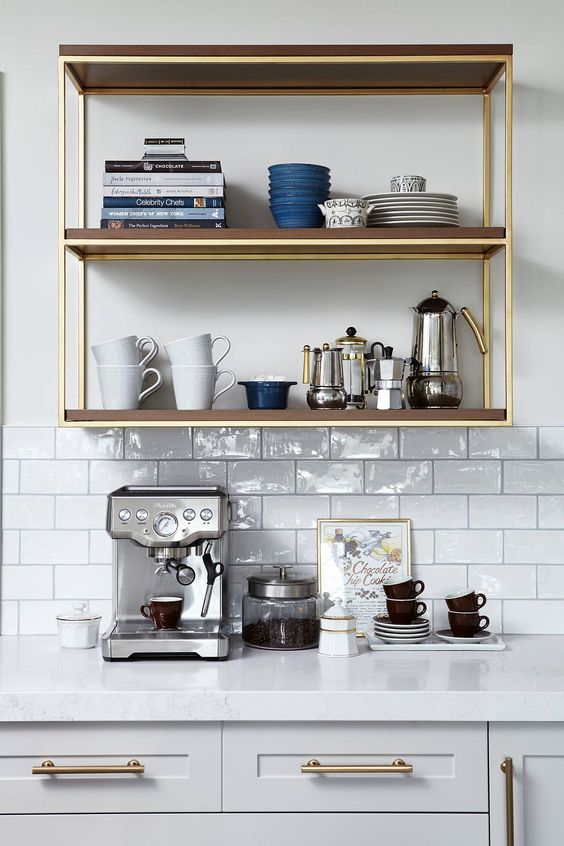 kitchen coffee bar with open shelving