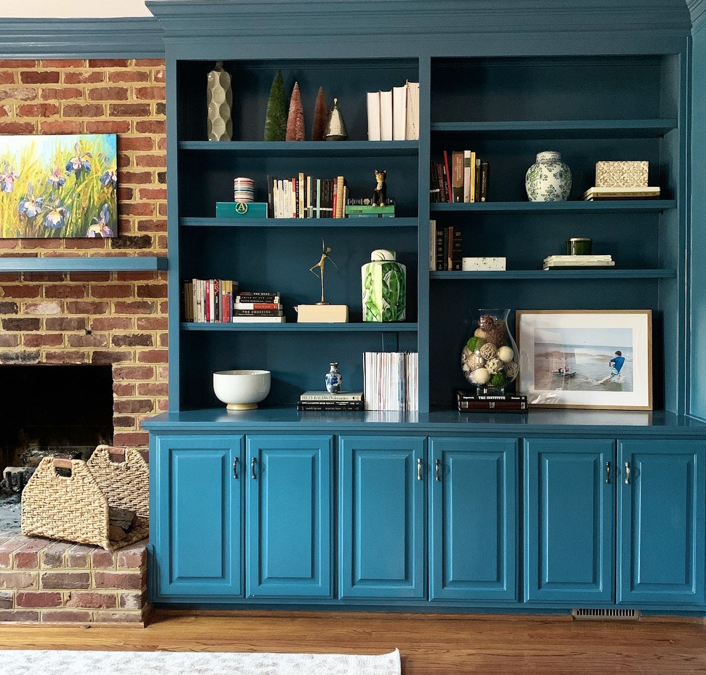 Blue Living Room Built Ins + Furniture Layout Ideas