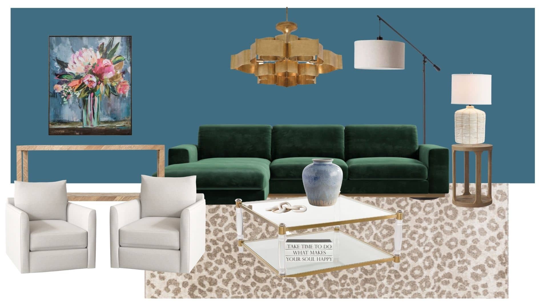 The room mood board for the family room, including Boutique Rugs area rug in leopard print, green sofa, alice swivel armchairs.