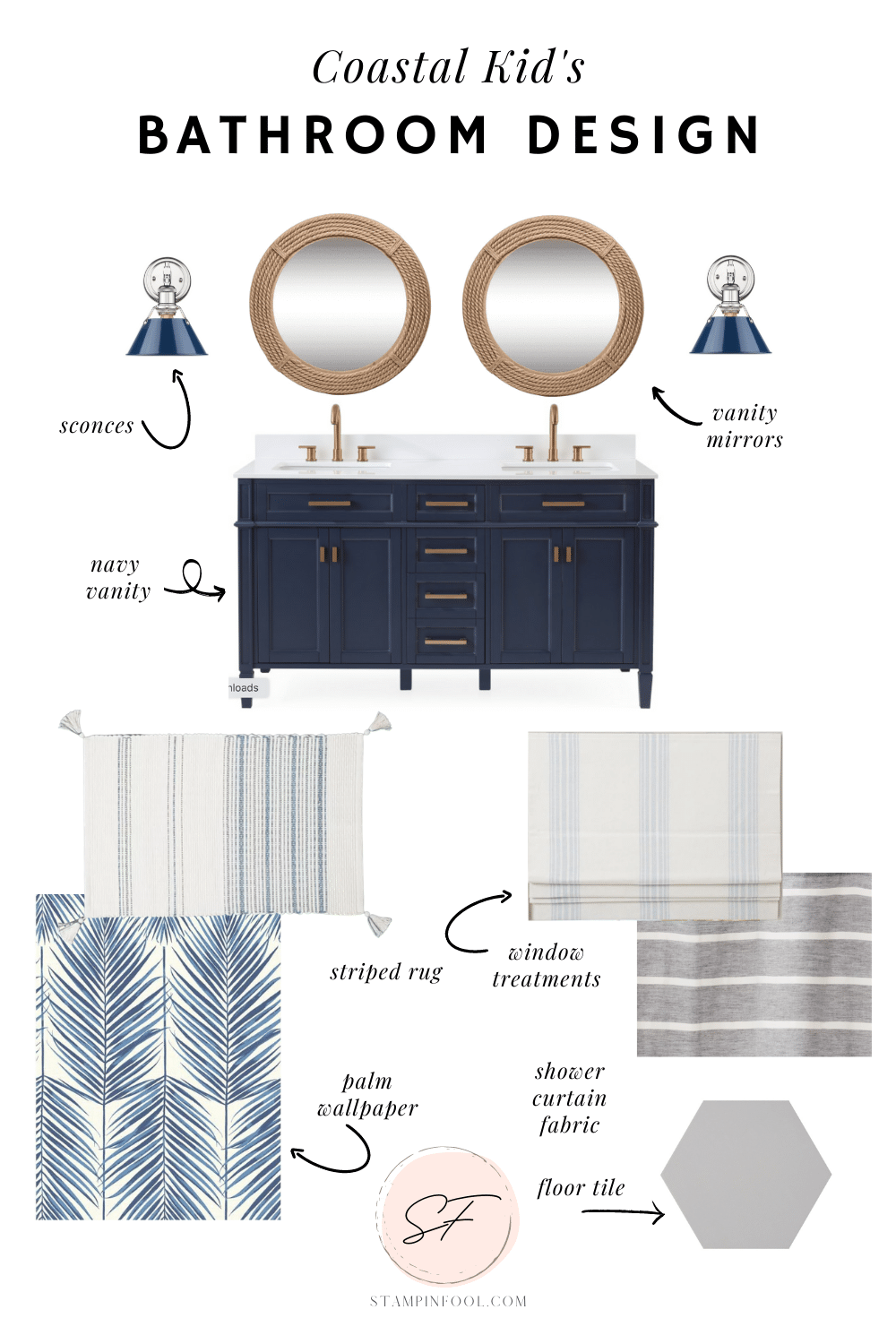 Kids Coastal Bathroom Design Mood Board with blue vanity, blue palm leaf wallpaper and nautical rope mirrors.