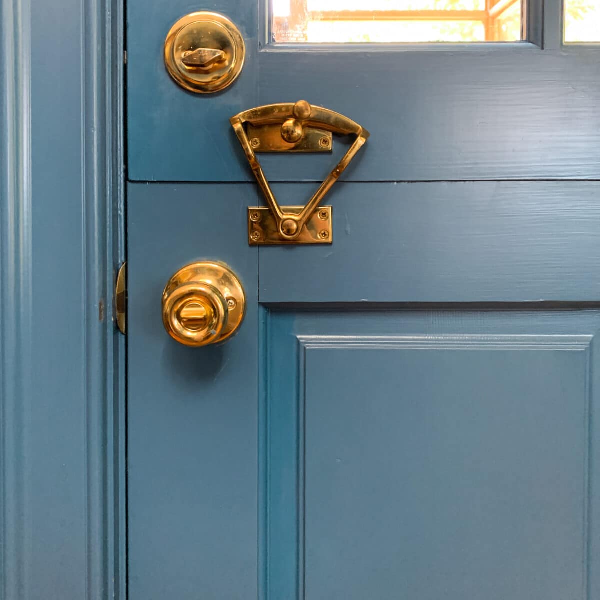 Here is the brass/gold dutch door hardware closed and in the locked position. 
