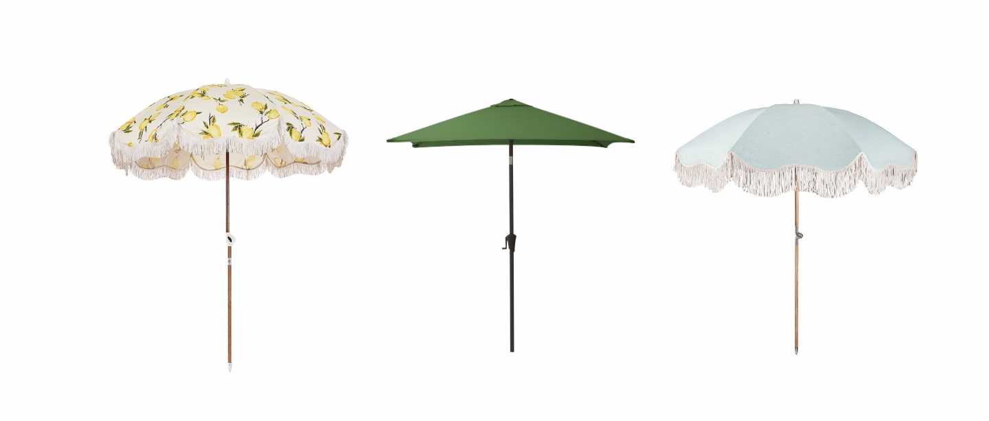 Patio umbrellas come in many shapes from round to square and rectangular in lemon print fabric, or blue with fringe