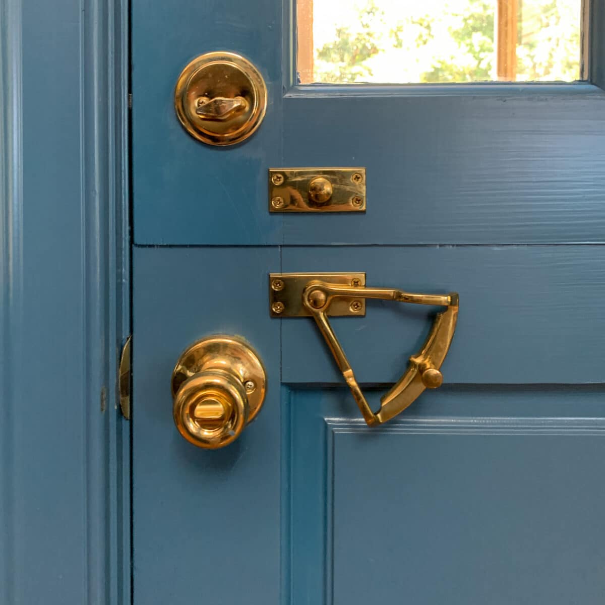 Here is the brass quadrant dutch door hardware closed and in the unlocked position. 
