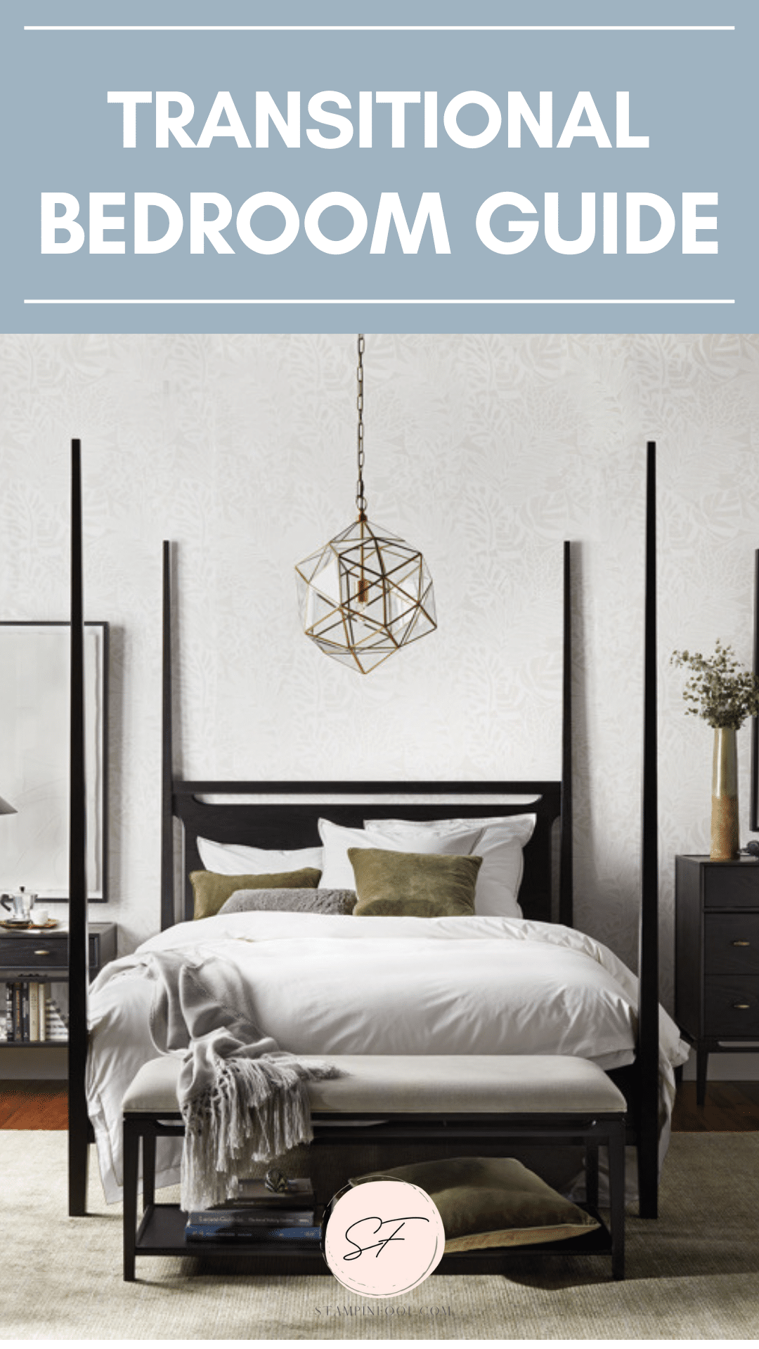 Learn how to pull together a modern transitional bedroom design with these must have pieces from a rug to bed, lamps and curtains.