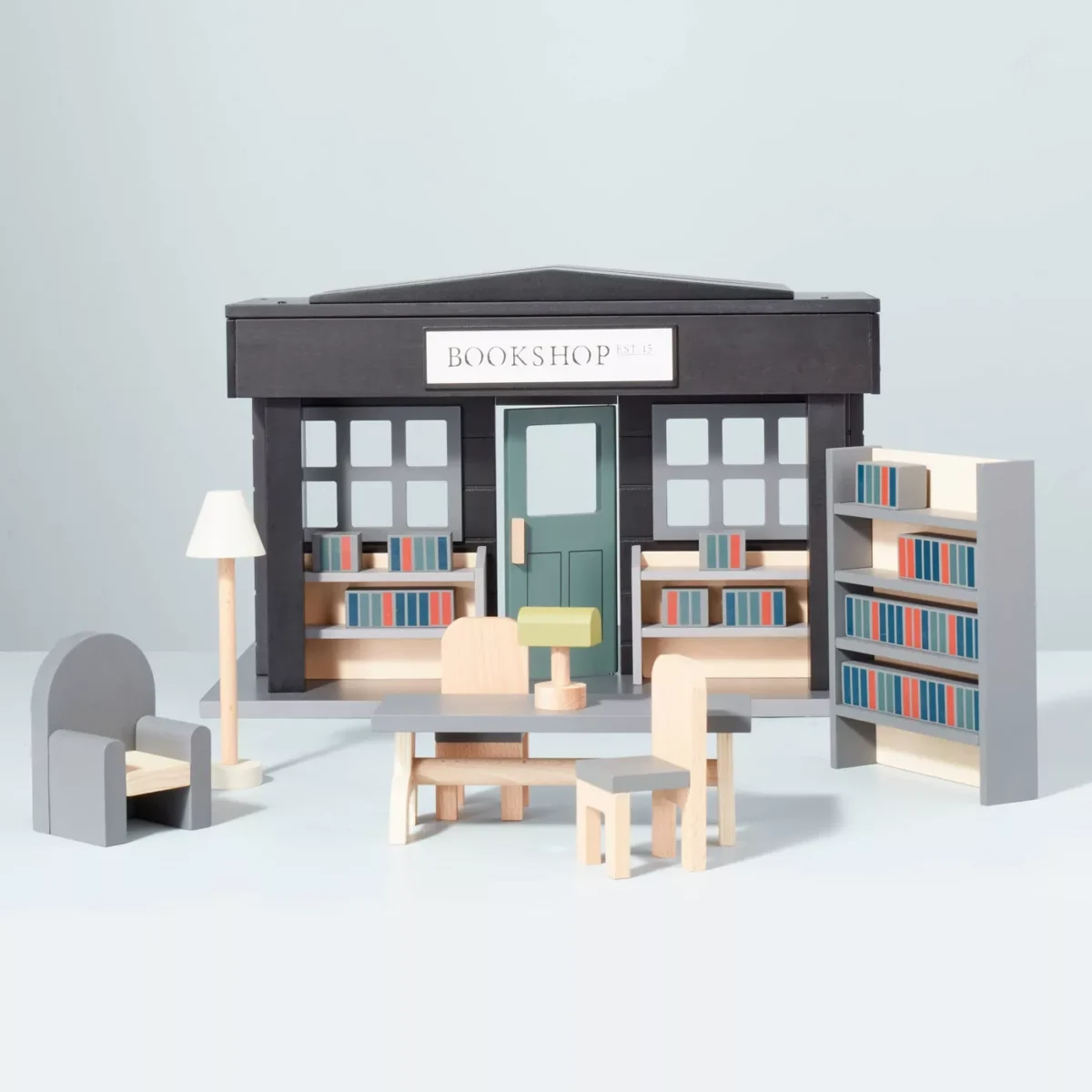 Modern Bookstore wooden dollhouse from Hearth & Hand Magnolia at Target for girl's Christmas gifts 2021