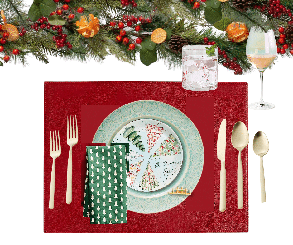 How do you make a Christmas tablescape? The Elements of a Christmas Dinner Tablescape starting with the tablecloth and greenery, plates, glassware and candles.