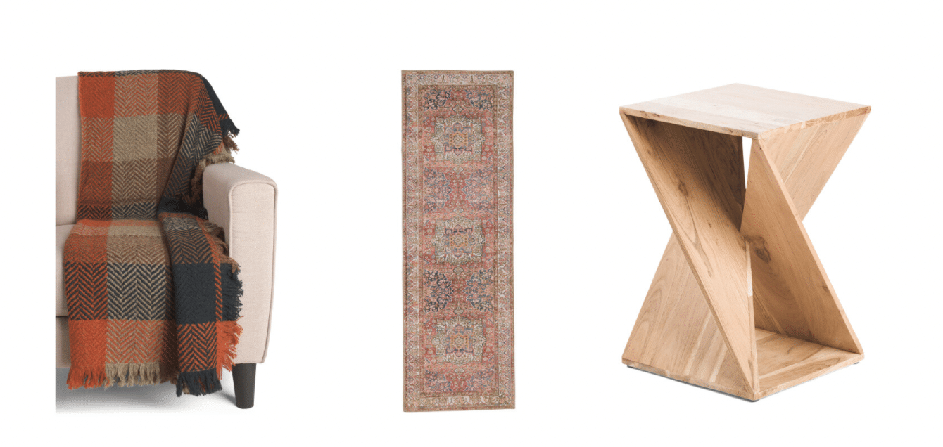 TJ Maxx gifts for her- wool blanket, Turkish runner, wood twisted table