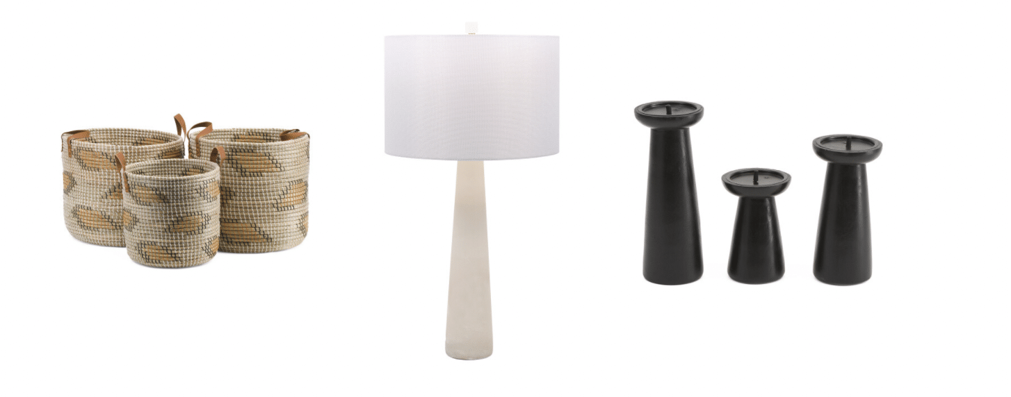 TJ Maxx gifts for her- leopard woven baskets, alabaster lamp, black candlesticks