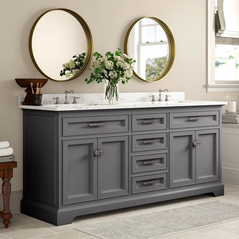 72" bahtroom vanity in gray wood with marble top