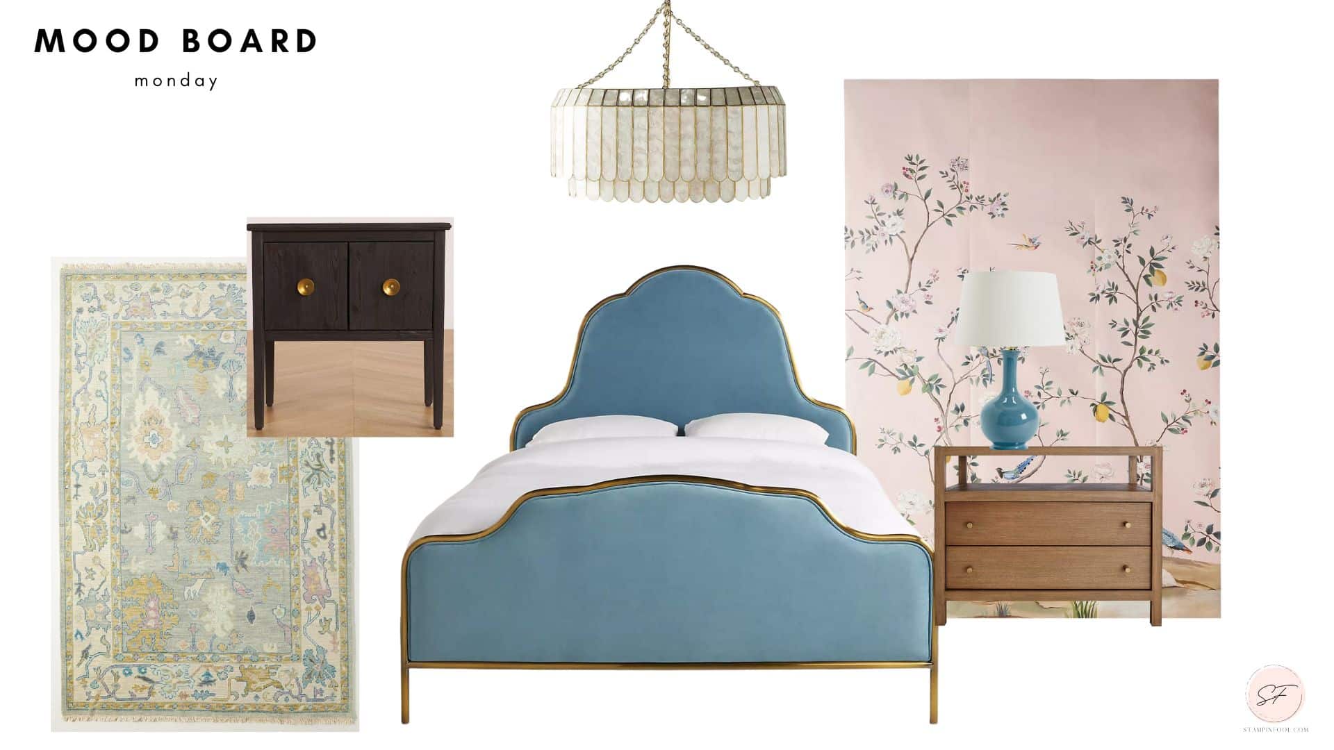 Velvet bed romantic bedroom mood board