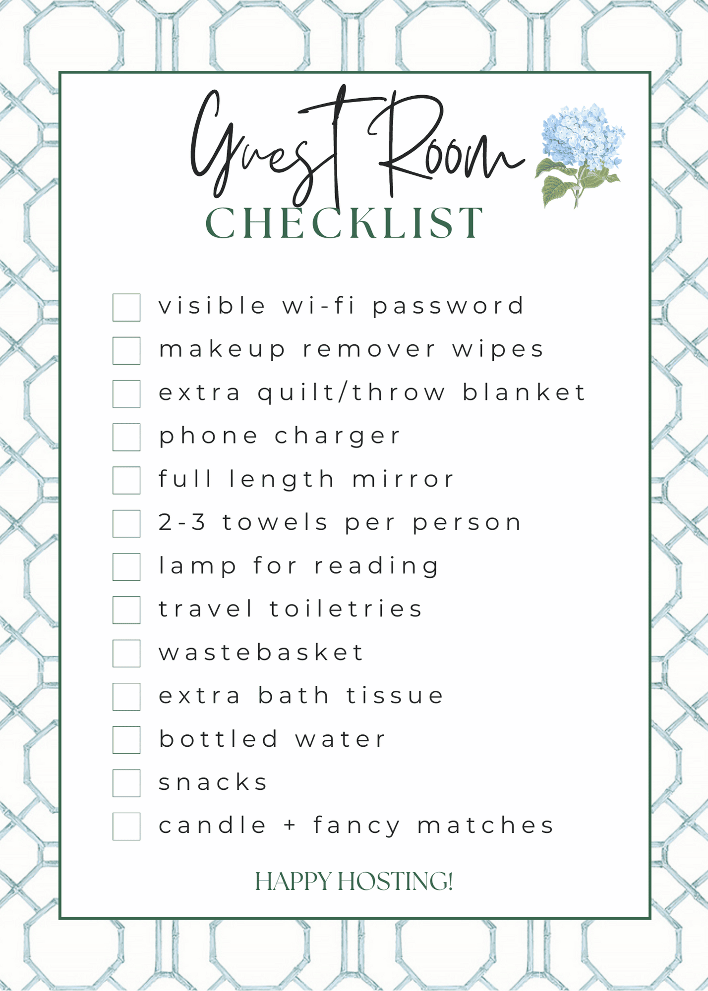 grandmillennial guest room hostess checklist