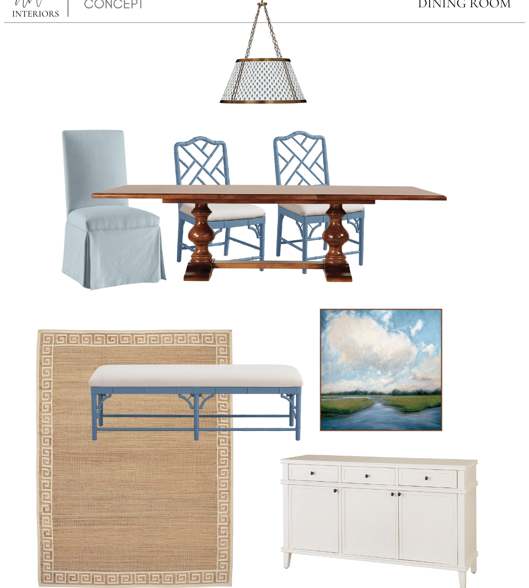 Ballard Designs blue and white dining room featuring Dayna chairs