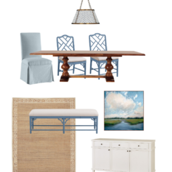 Ballard Designs blue and white dining room featuring Dayna chairs