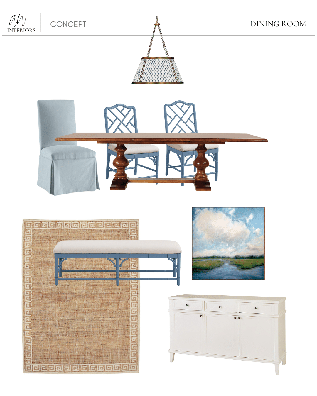 Ballard Designs blue and white dining room featuring Dayna chairs